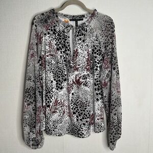 WHBM White House Black Market Blouse Women's XL  Keyhole Tie White Black Popover